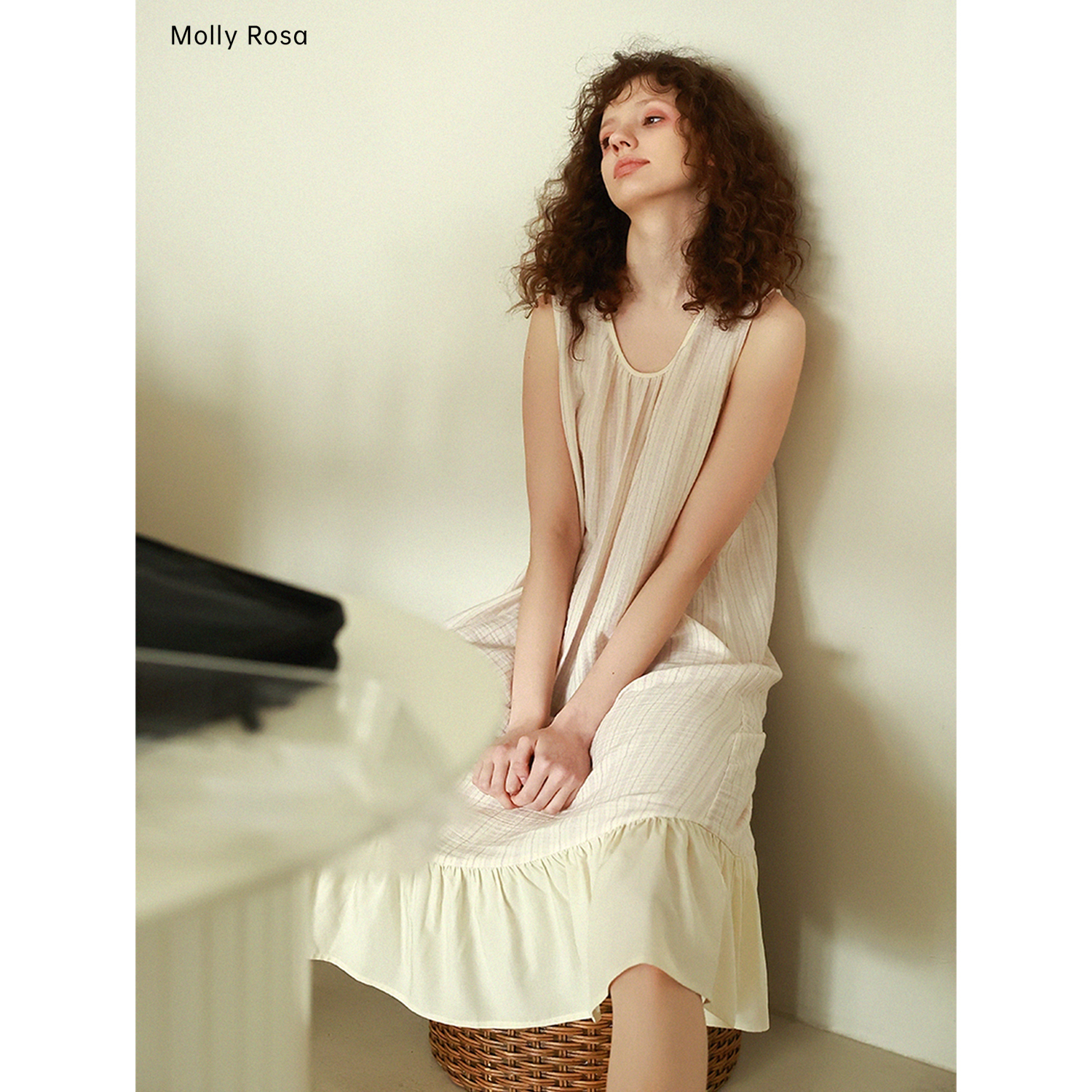 原创粉条纹背心睡裙纯棉色织纱布法式复古风连衣裙春夏可外穿