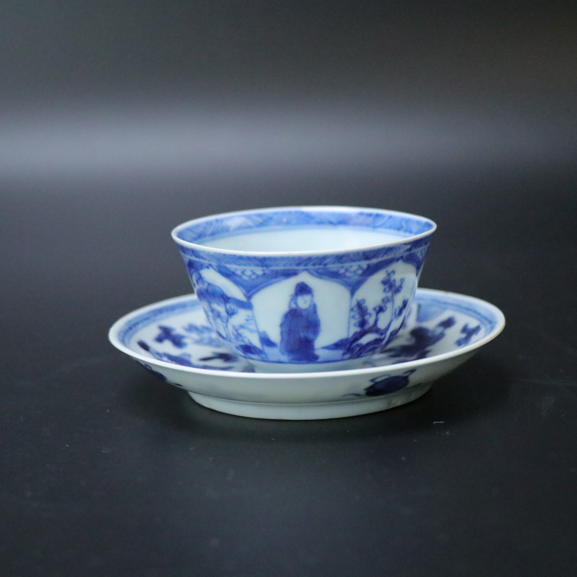 lot:25121011清康熙青花人物花卉纹杯碟 杯高：约3.9cm