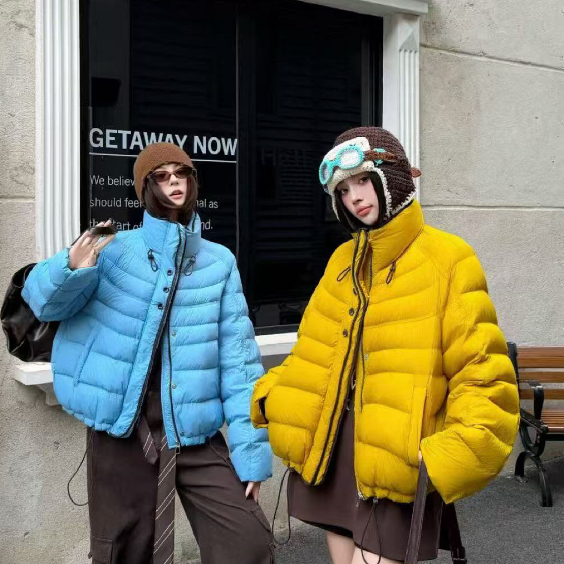 韩版立领短款女冬新款设计感抽绳加厚撞色拼接外套