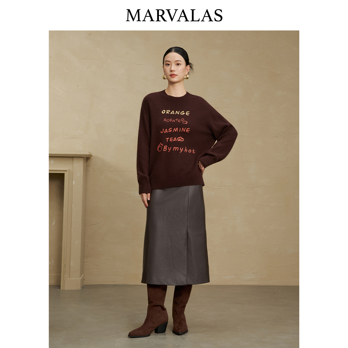 曼德诗撞色字母针织衫冬季新款绵羊毛兔毛混纺套头衫百搭毛衣