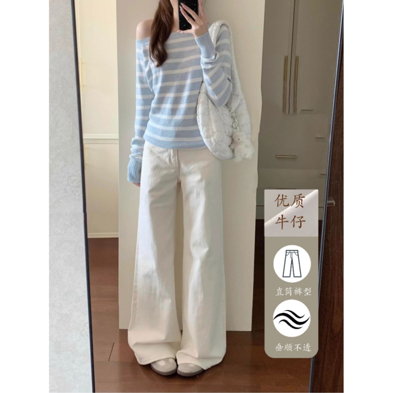 雪千羽白色窄版阔腿牛仔裤女2025新款秋小个子加绒宽松显瘦直筒裤