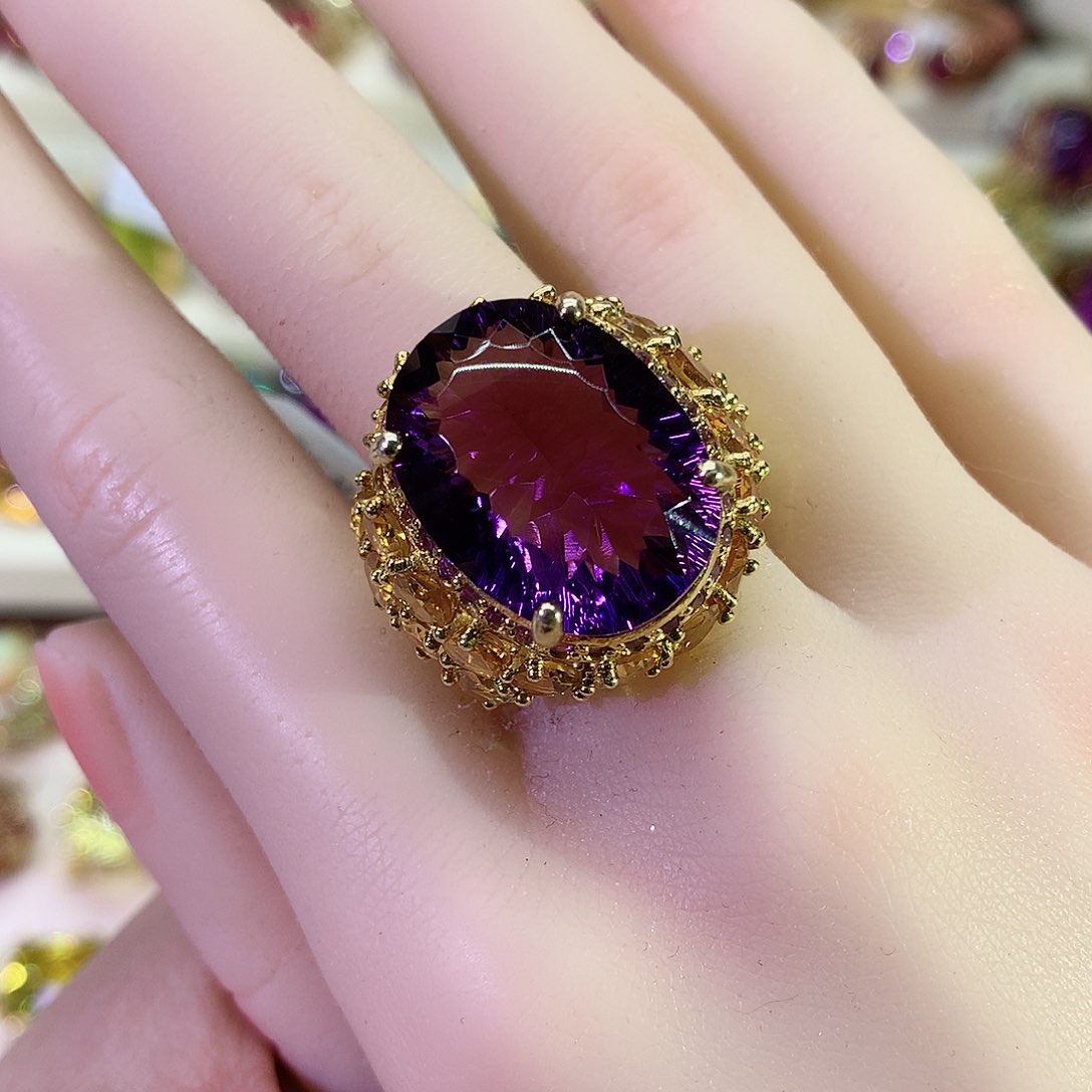 紫晶戒指银S925镀金镶嵌
