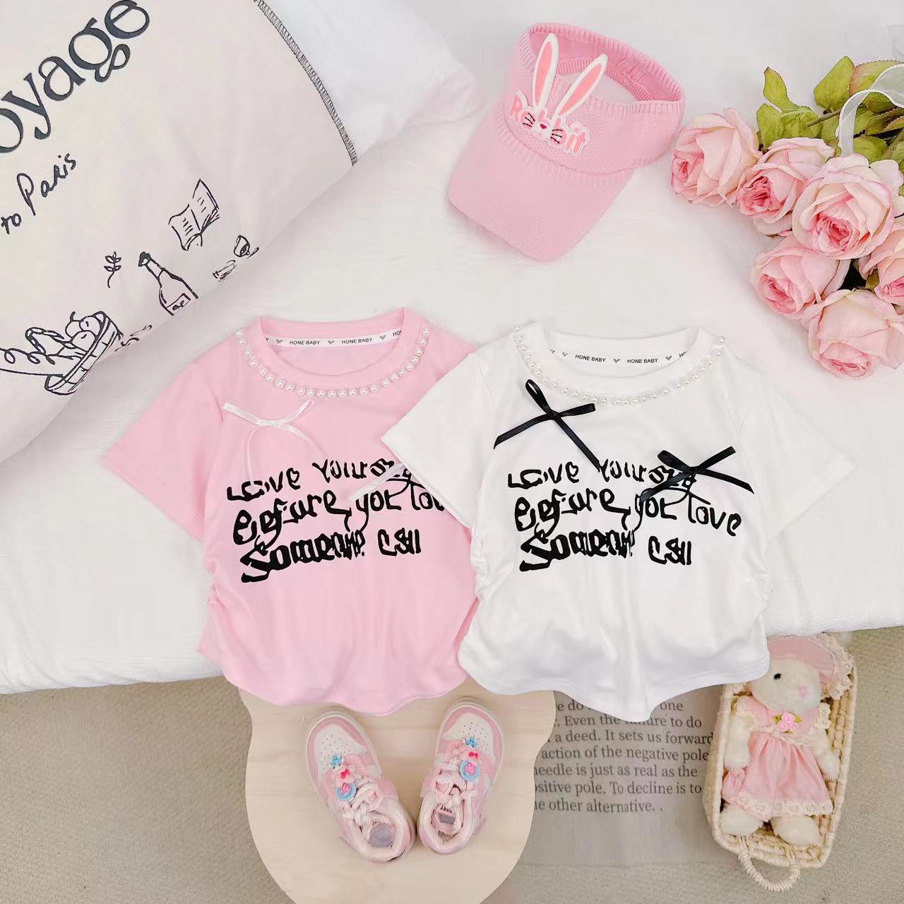 夏季新款时尚百搭简约珍珠蝴蝶结女童T恤 D-M654