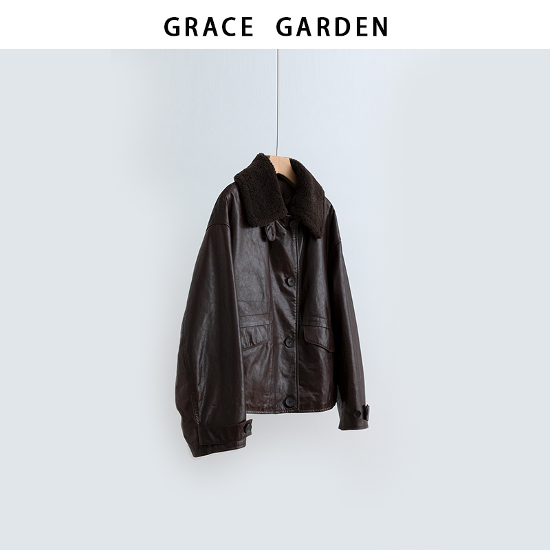 GRACE GARDEN【皮羽绒！】油蜡皮可拆卸毛领皮衣羽绒服YRF5L0404