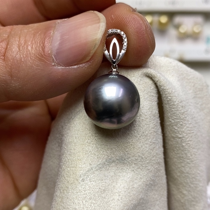 海水珍珠铂金灰珍珠吊坠14K金镶嵌