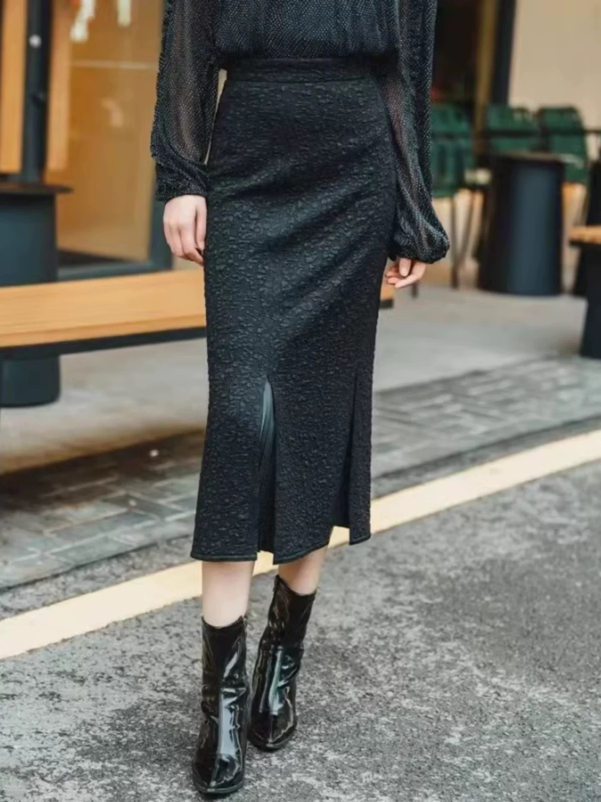 （商场同款）2025春夏新款优雅高腰肌理感百褶鱼尾裙半身裙女