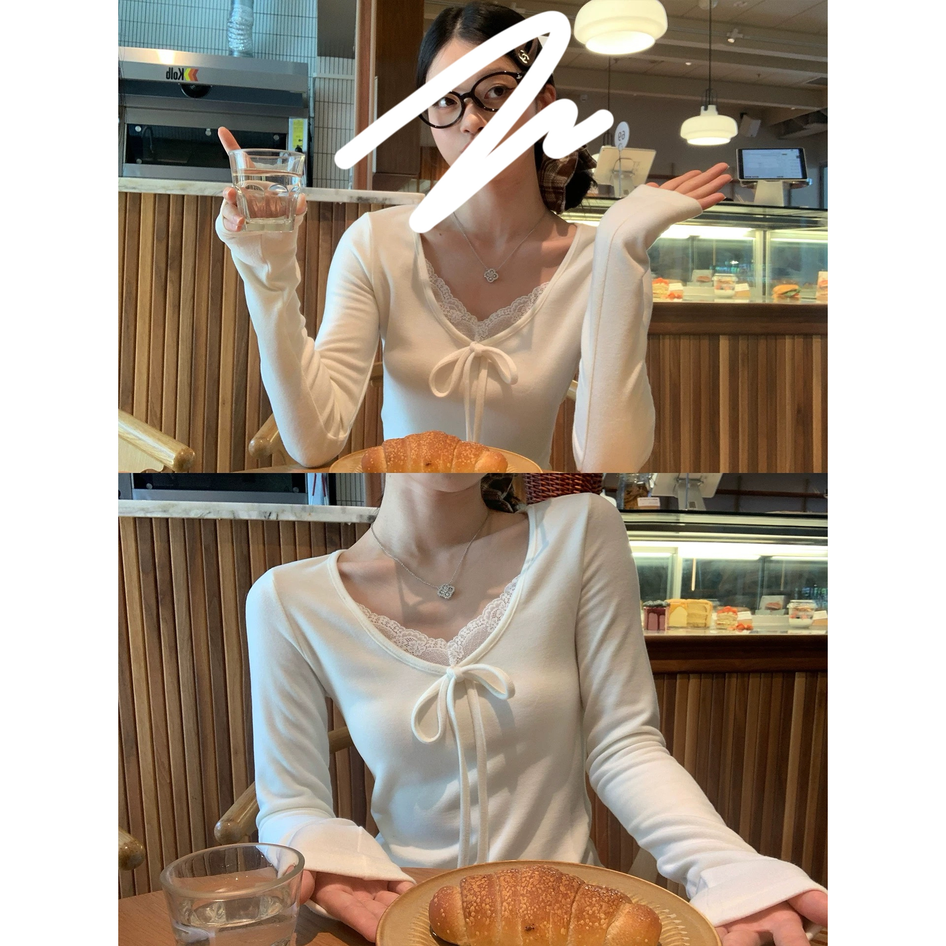 【小黄梨】白色蕾丝V领内搭打底衫t恤秋冬设计感修身长袖上衣