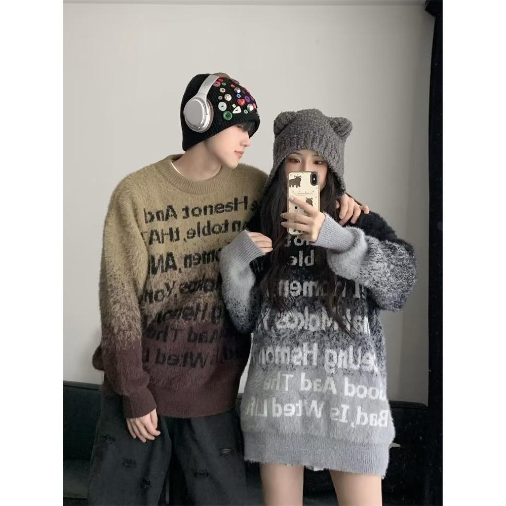 8825-BY秋冬款潮牌渐变字母毛衣男女圆领毛衫慵懒风圆领针织衫