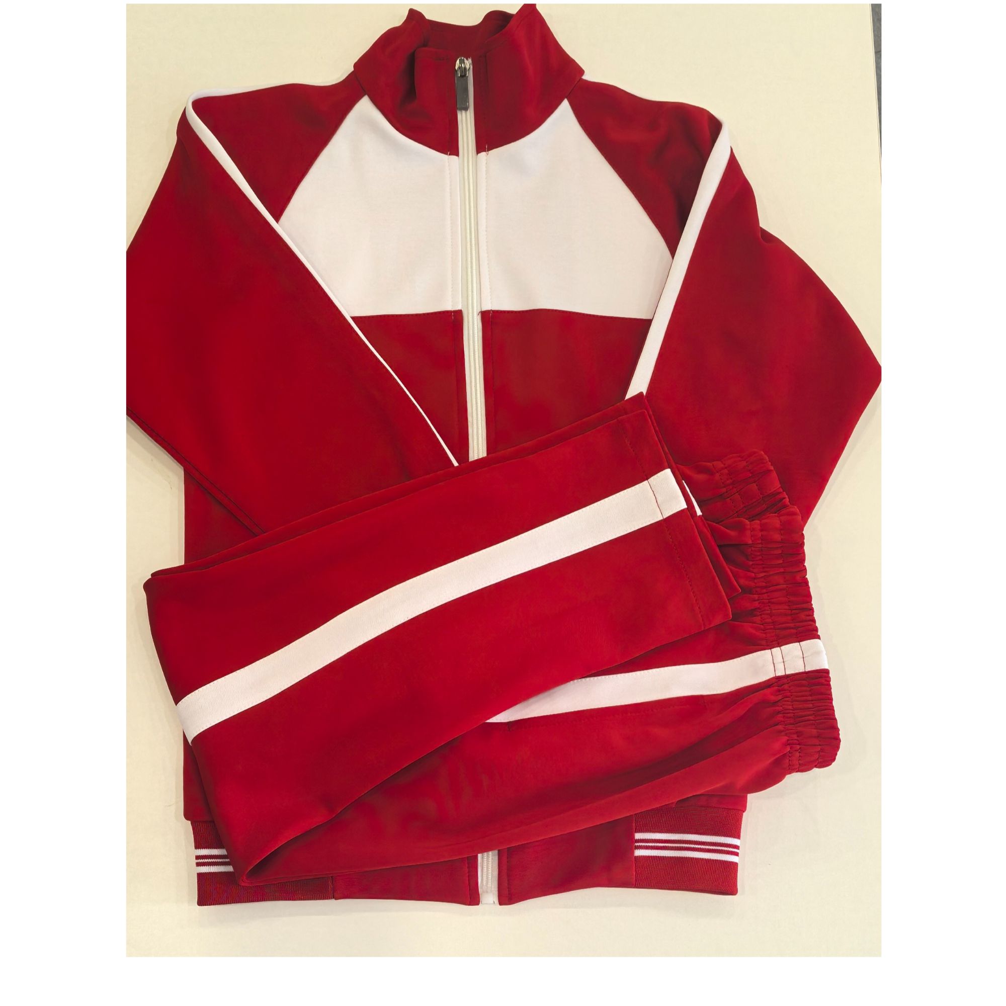 春秋涤棉大红色宽白条运动服运动裤学生校服园服休闲宽松红拼色