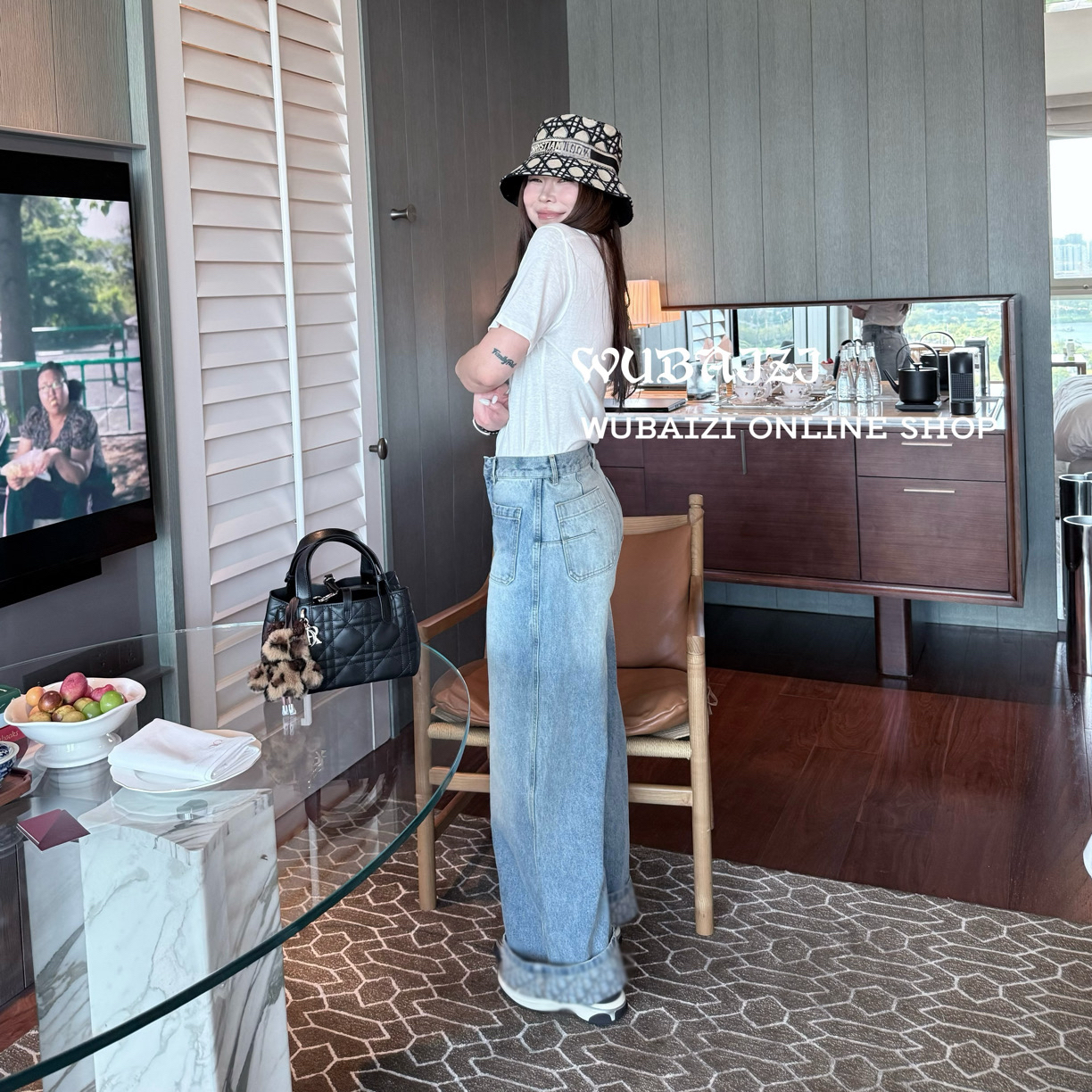WUBAIZI ｜ 自制前口袋内里印花牛仔阔腿时髦牛仔裤 25710