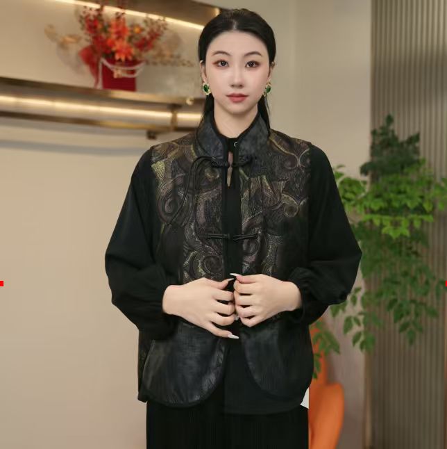 006/复古唐装四季通用一字领条纹纯色文艺厚款民族风马夹