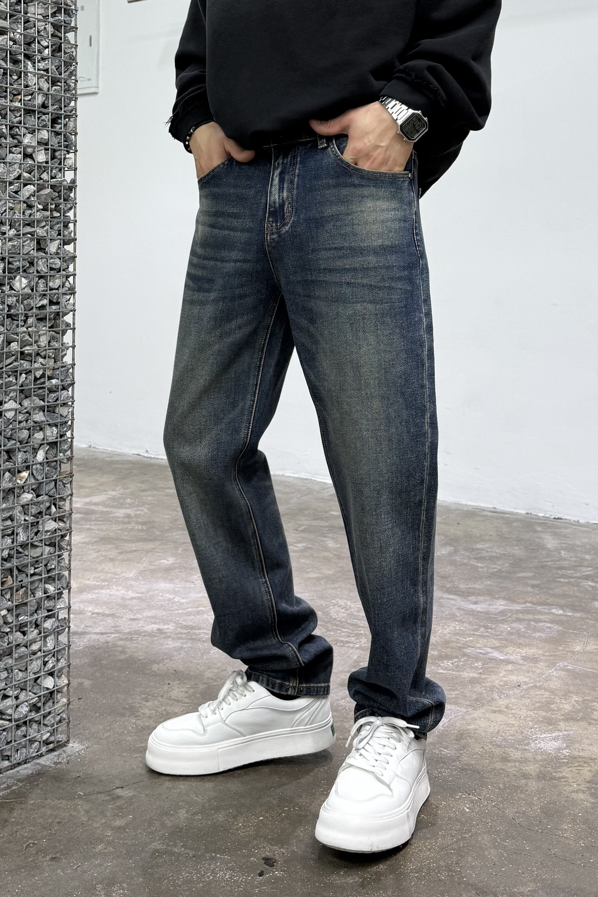 牛仔裤裤子高腰厚款无弹复古英伦风休闲秋冬男士高街男290124