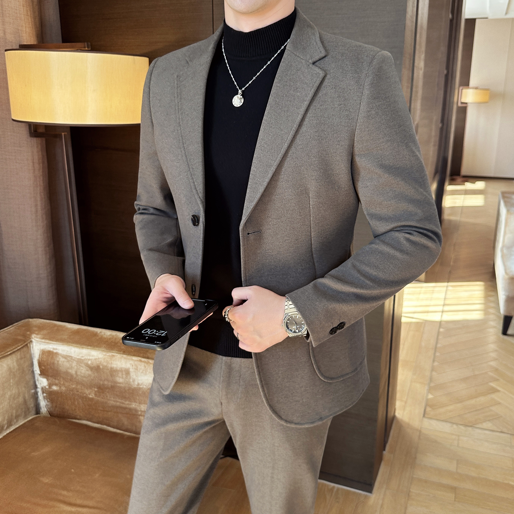 新秋冬款星空呢加厚百搭修身韩版潮流商务休闲痞帅外套套装2202