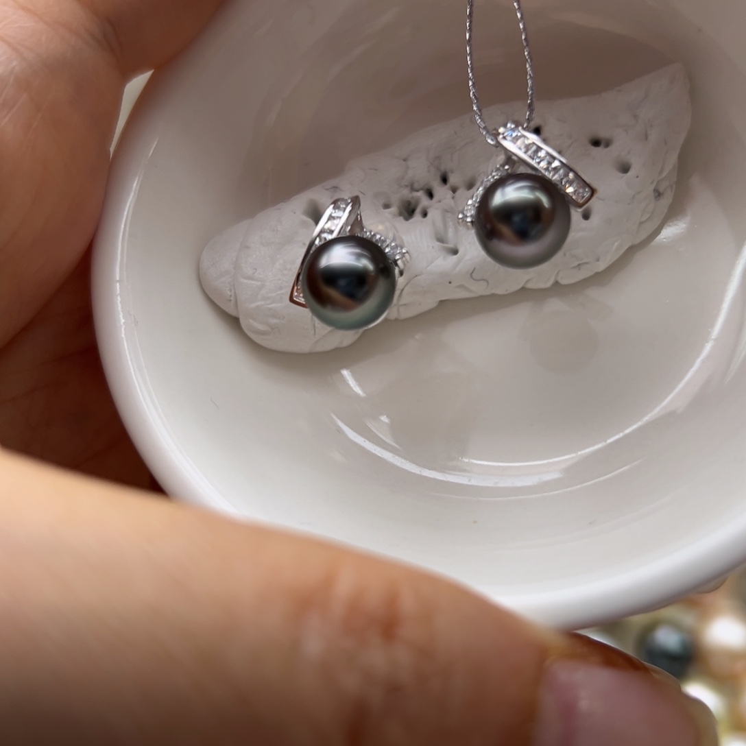 银S925镶嵌耳饰海水珍珠8mm铂金灰正圆人字型耳钉