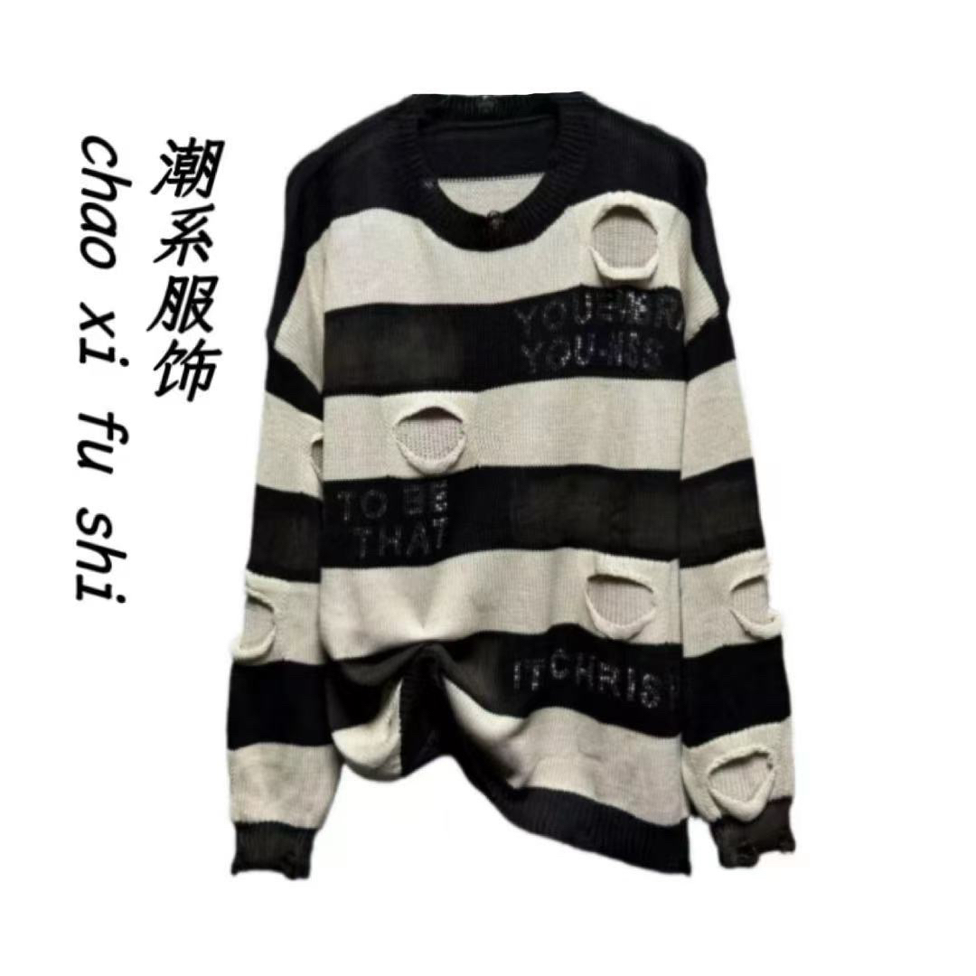 YY欧货潮牌秋冬重工破洞针织毛衣56