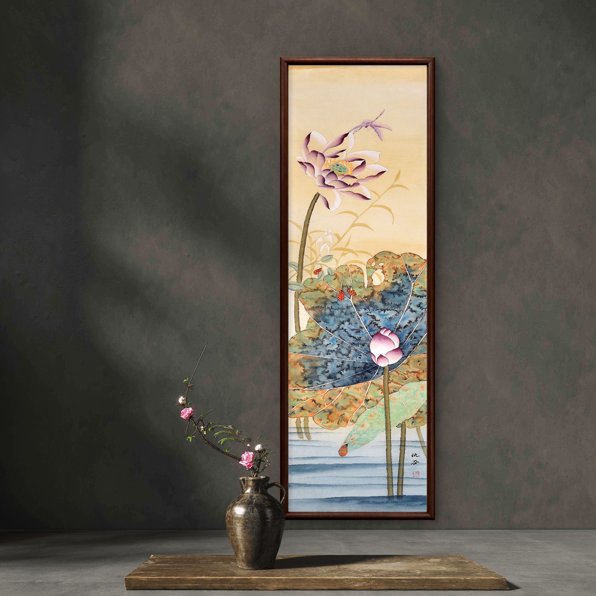 9252-40*120荷花蜻蜓中式装饰画实木玄关书房