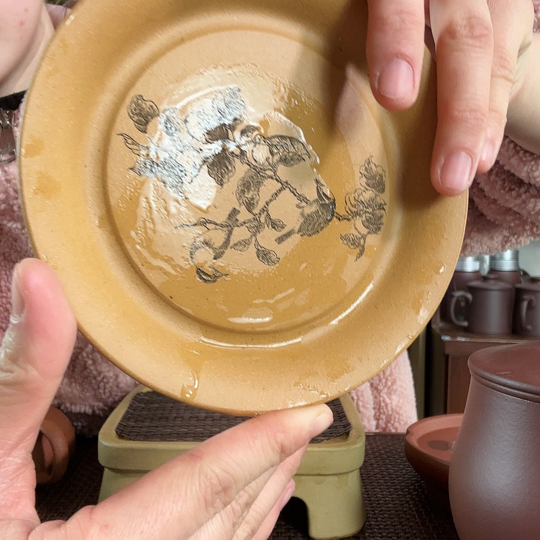 紫砂茶杯黄段泥小鸟盘12.5