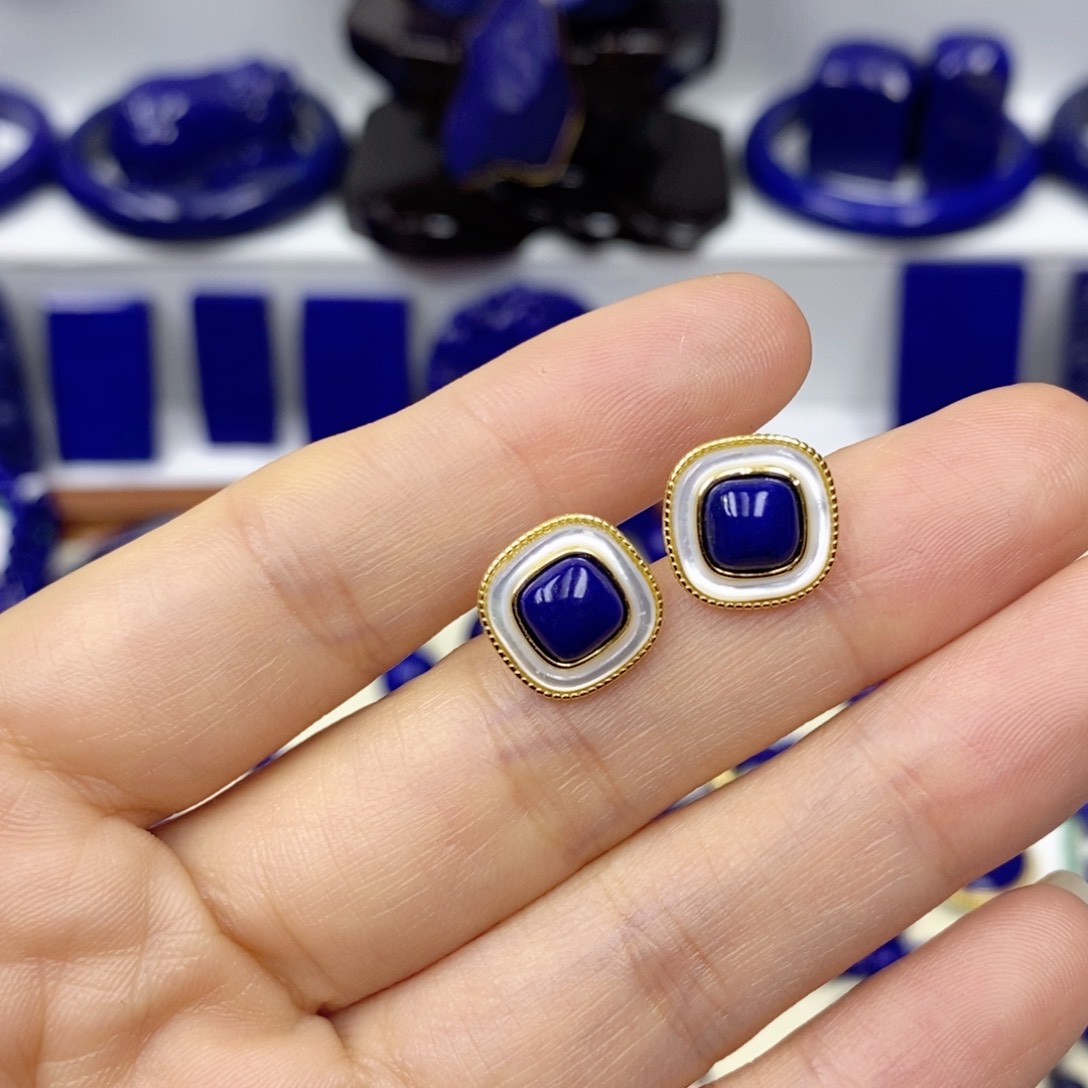 青金石耳饰银S925镀金镶嵌