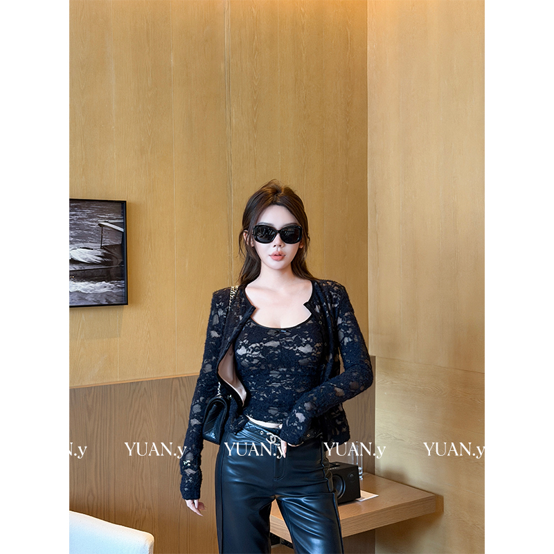 媛媛【辣妹出击】黑色蕾丝内搭开衫女修身辣妹纯欲时尚套装#TZ0805