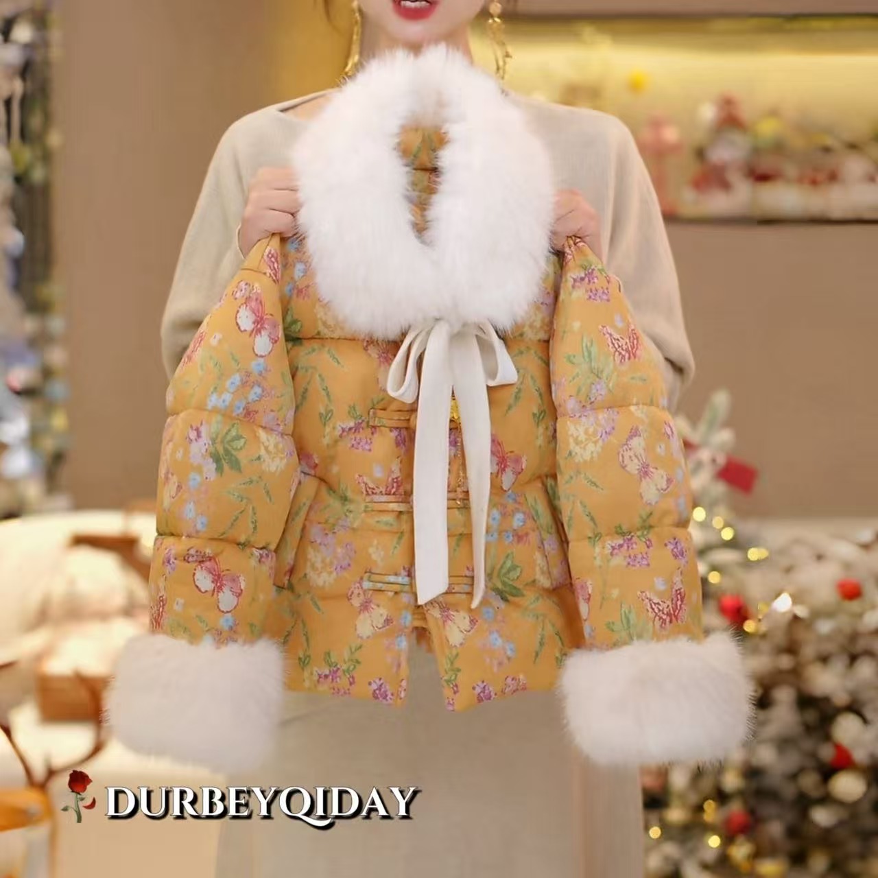 女童2025冬季新款新中式单排扣蝴蝶结夹棉加厚保暖外套6060