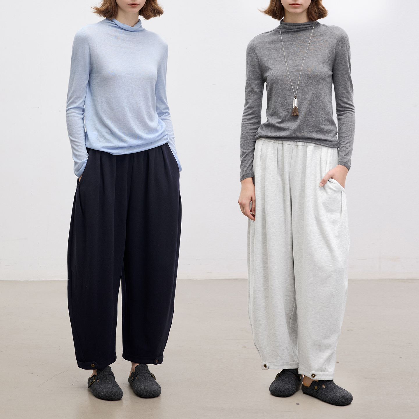 糯叽叽Q弹面料 松紧腰多褶裥九分弯刀卫裤女秋冬