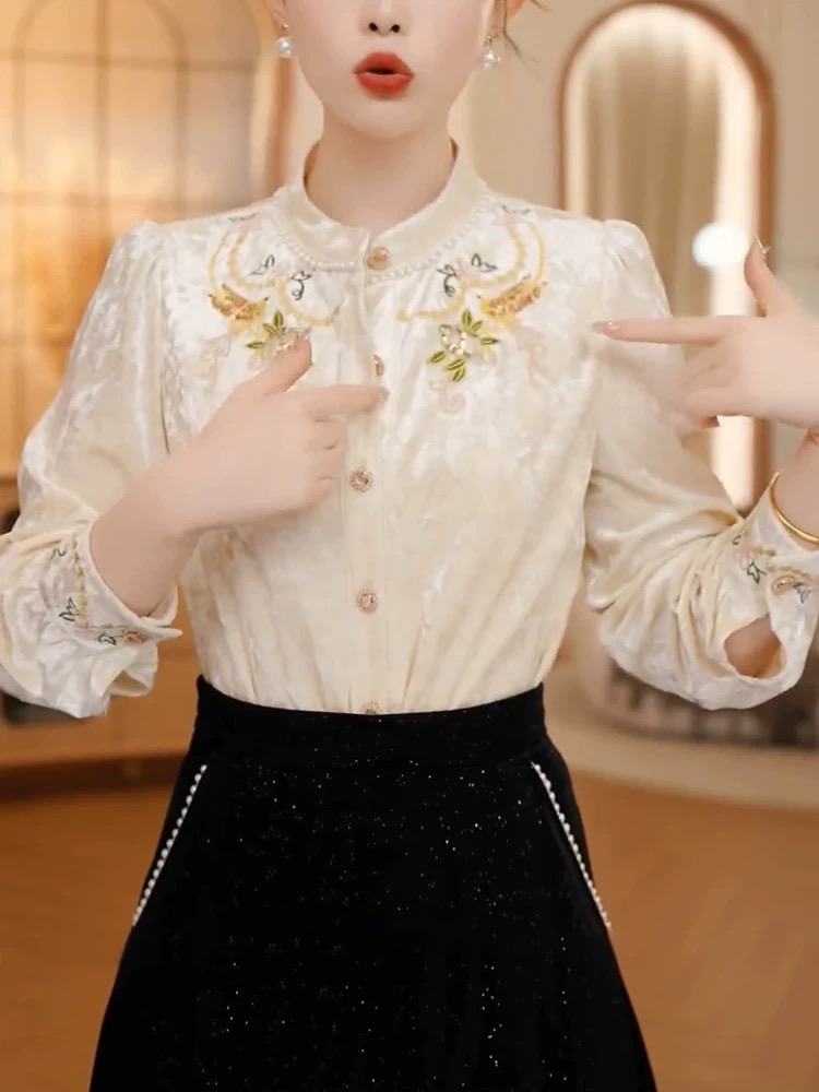 【509】法式高端丝绒上衣打底衬衫女装新款宽松时尚别致漂亮上衣