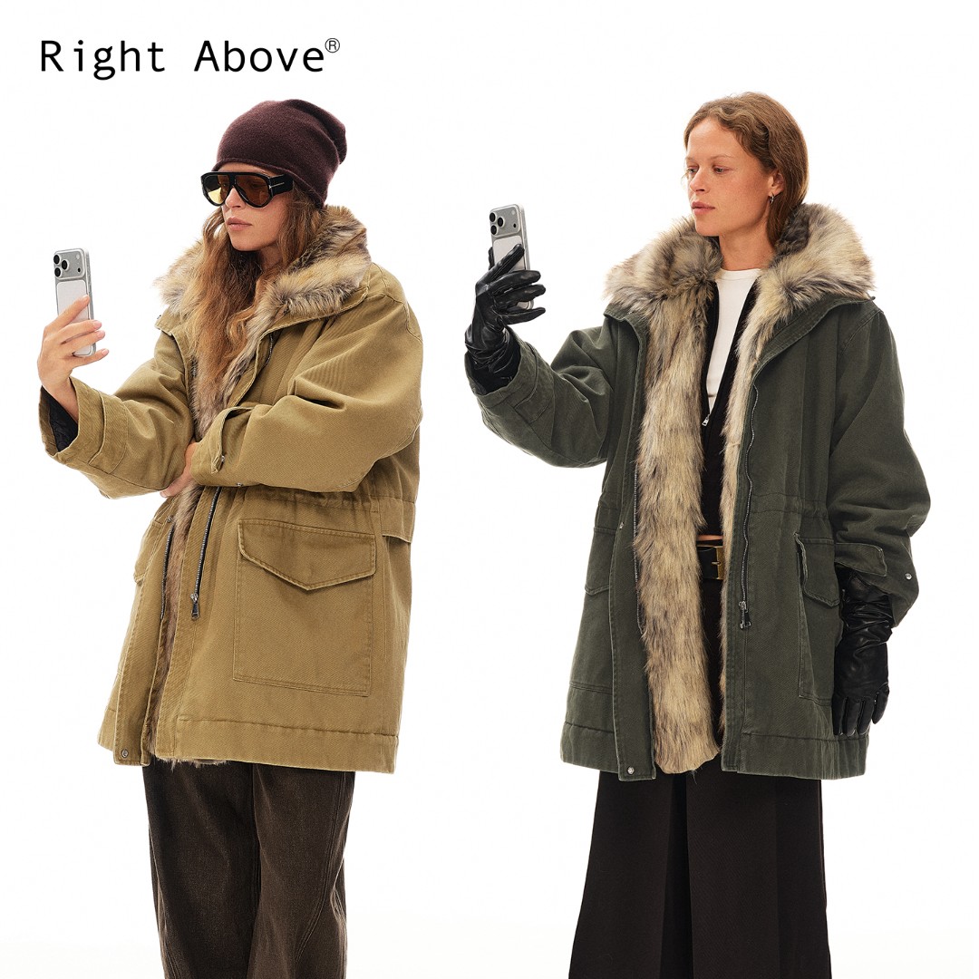 Right Above 160g夹棉洗褪中长款派克服腰部抽绳可拆卸毛领外套