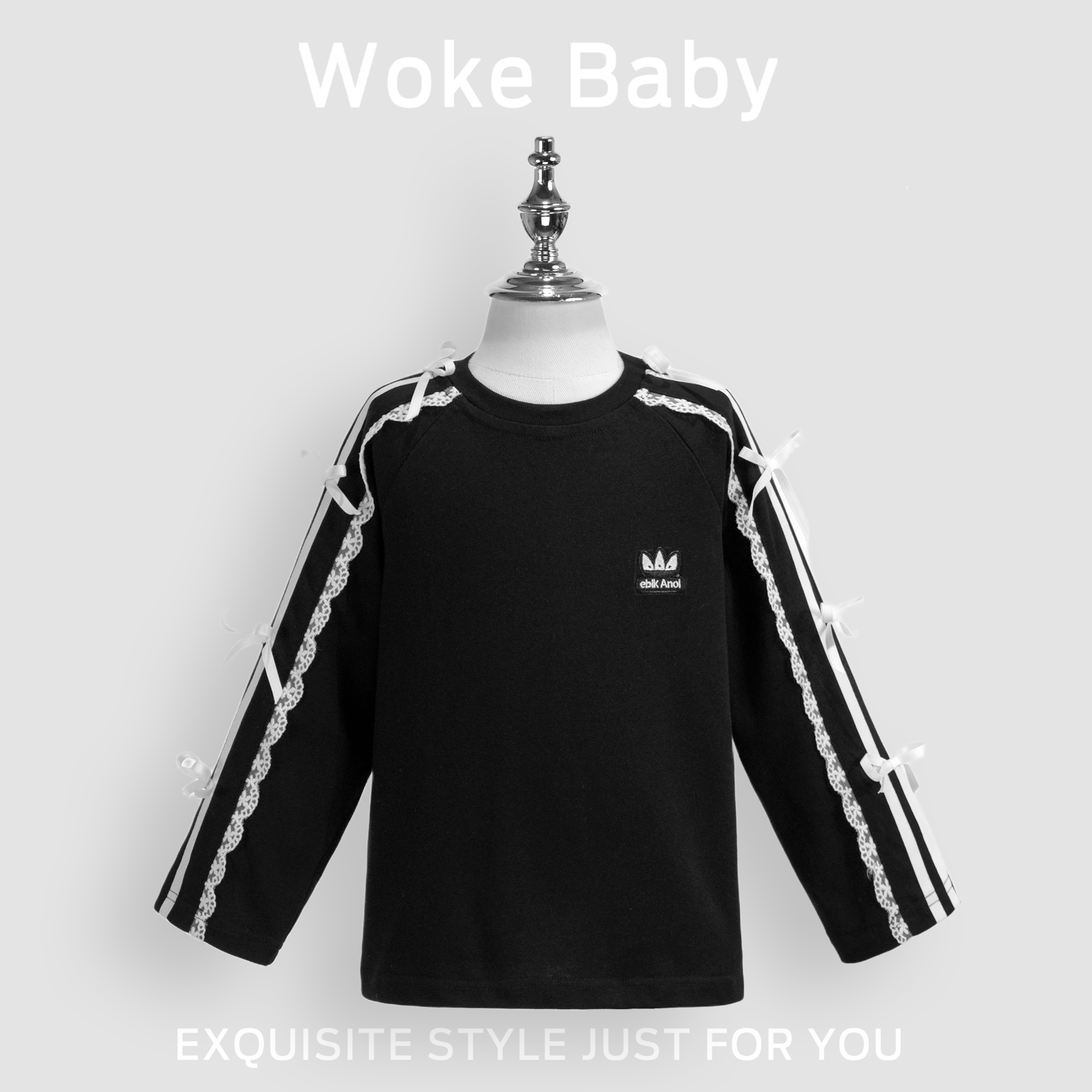 【现货】女童秋季蝴蝶结黑色长袖宽松T恤蕾丝拼接圆领上衣汉服A5888