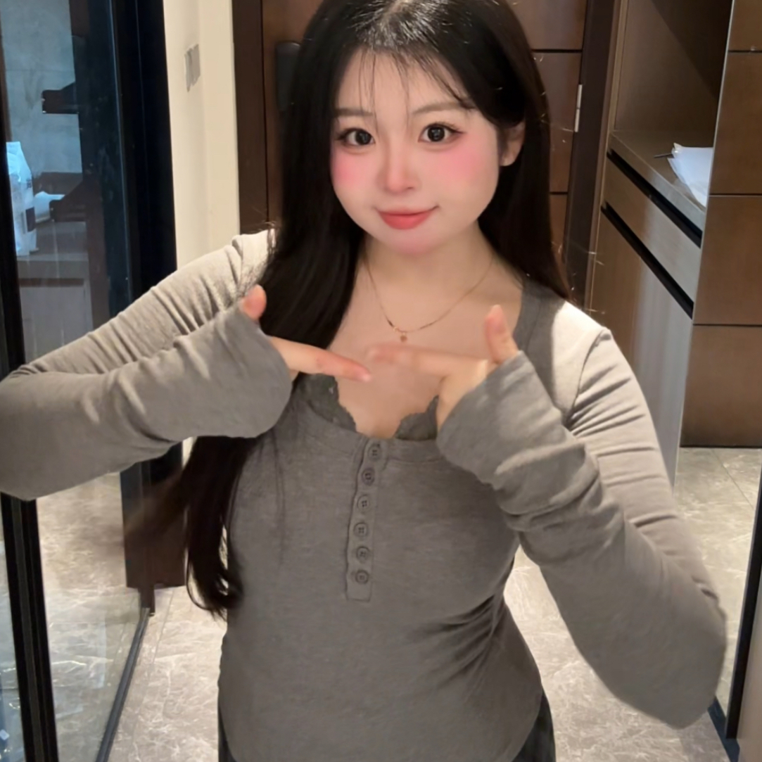 【艺术生】秋冬蕾丝加绒磨毛修身显瘦女款打底上衣