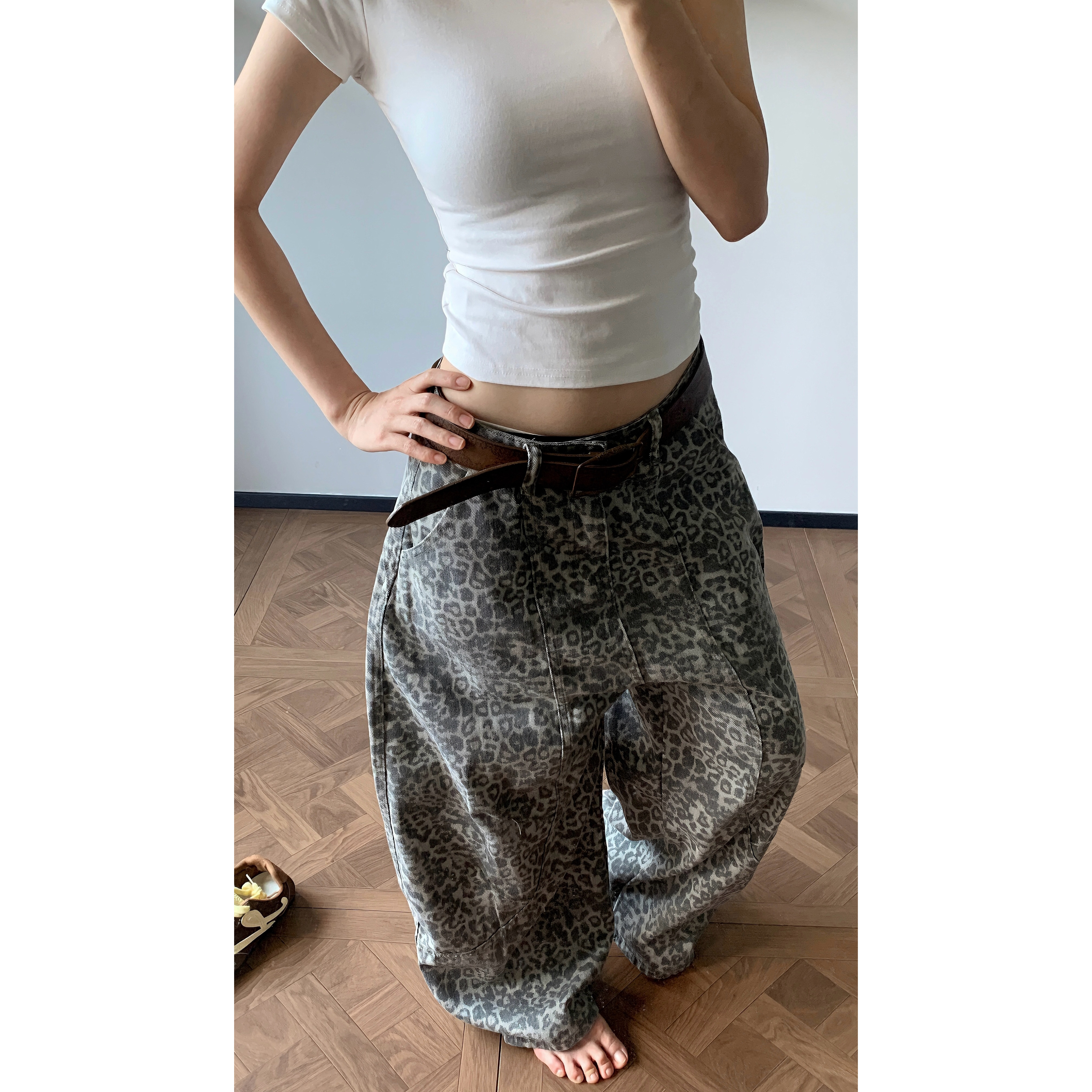 美式复古解构廓形豹纹弯刀牛仔裤男女潮牌设计感阔腿宽松休闲长裤