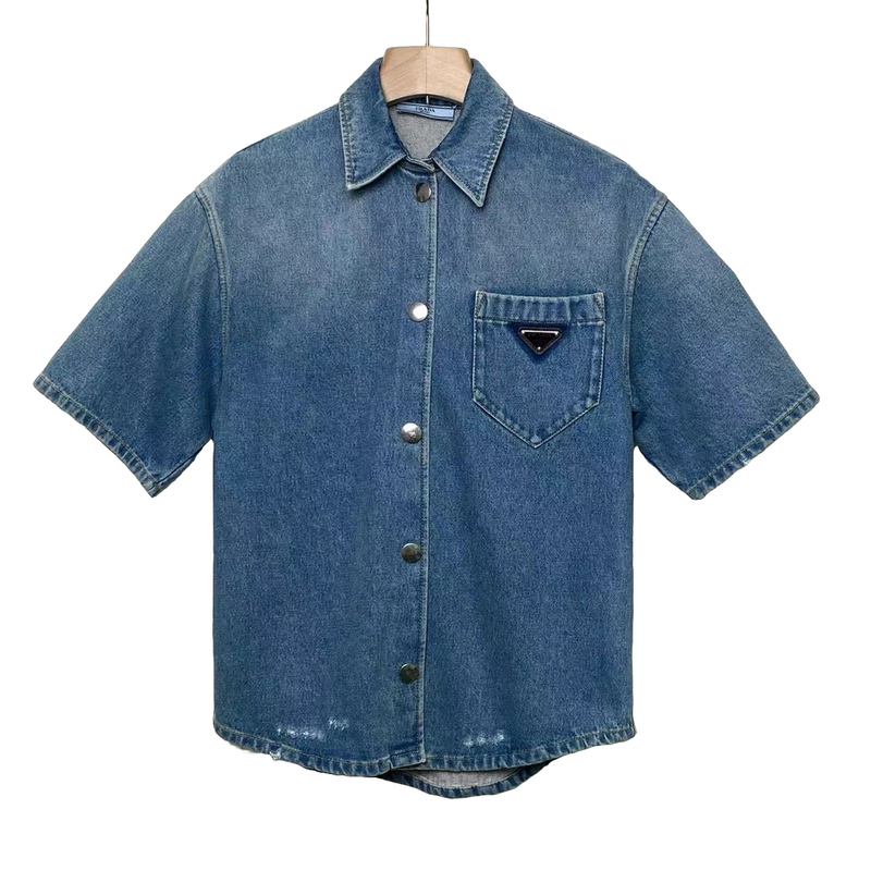 99新 Prada/普拉达 时尚 金属三角标 牛仔短袖/40码/XG-Y19387
