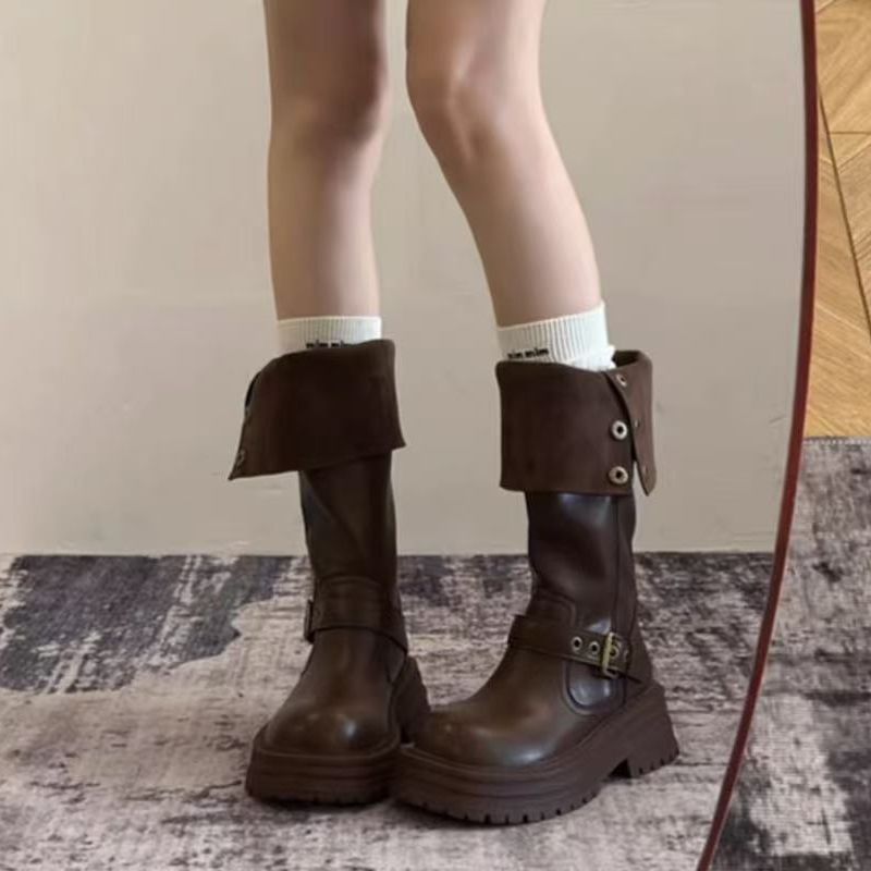 2025秋冬新款复古英伦风粗跟厚底女新款女骑士靴5A0-688