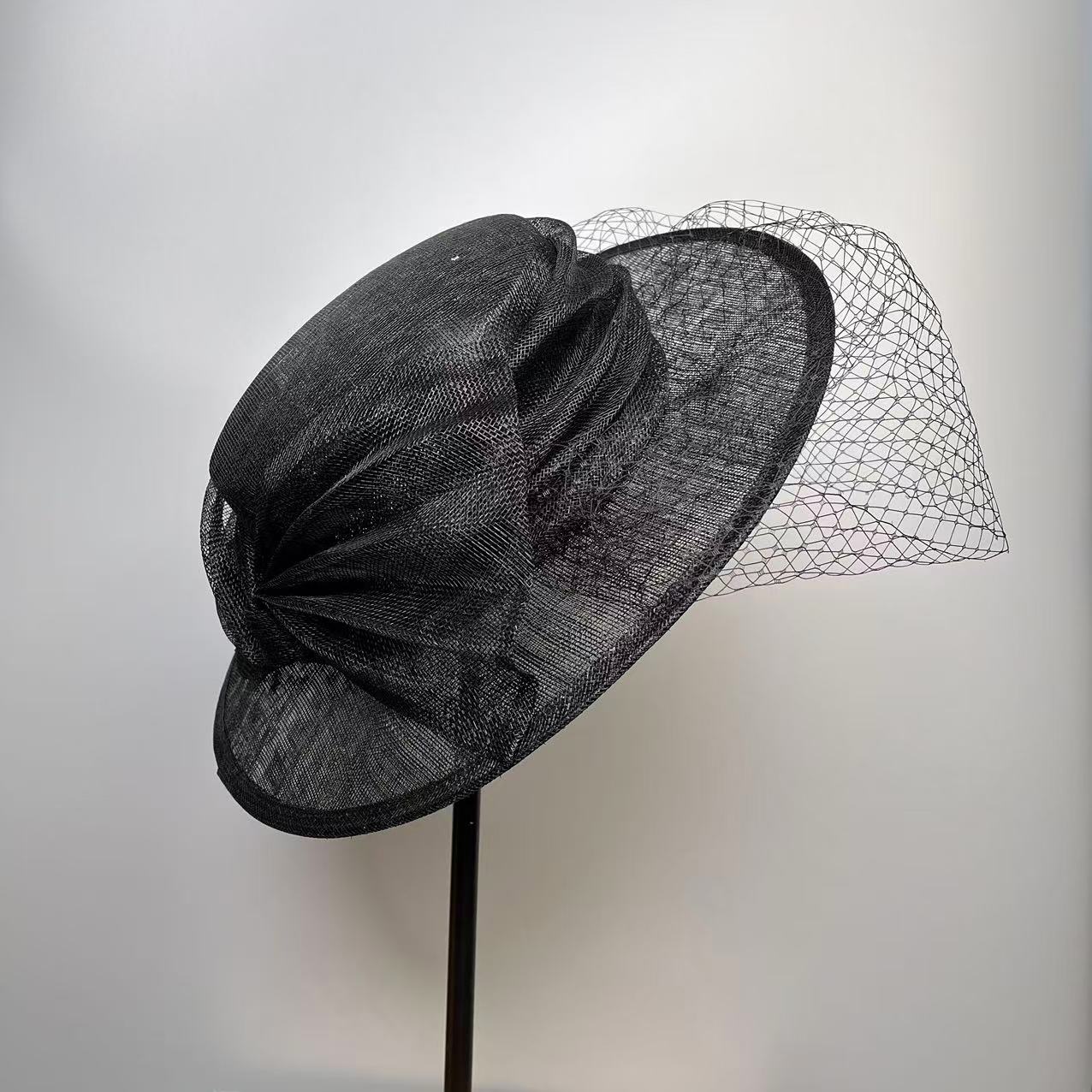 法式优雅平顶礼帽帽子女夏季新款宽边麻纱帽蝴蝶结复古网纱沙难帽