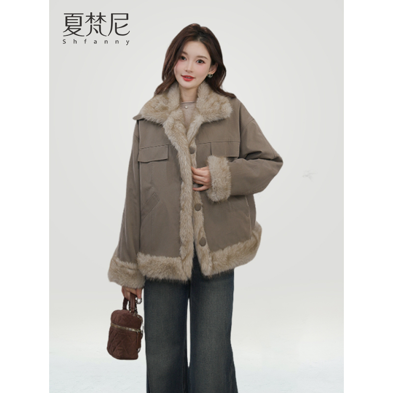 夏梵尼椰奶雪绒2025年冬季新款时髦机车风加厚毛毛保暖外套
