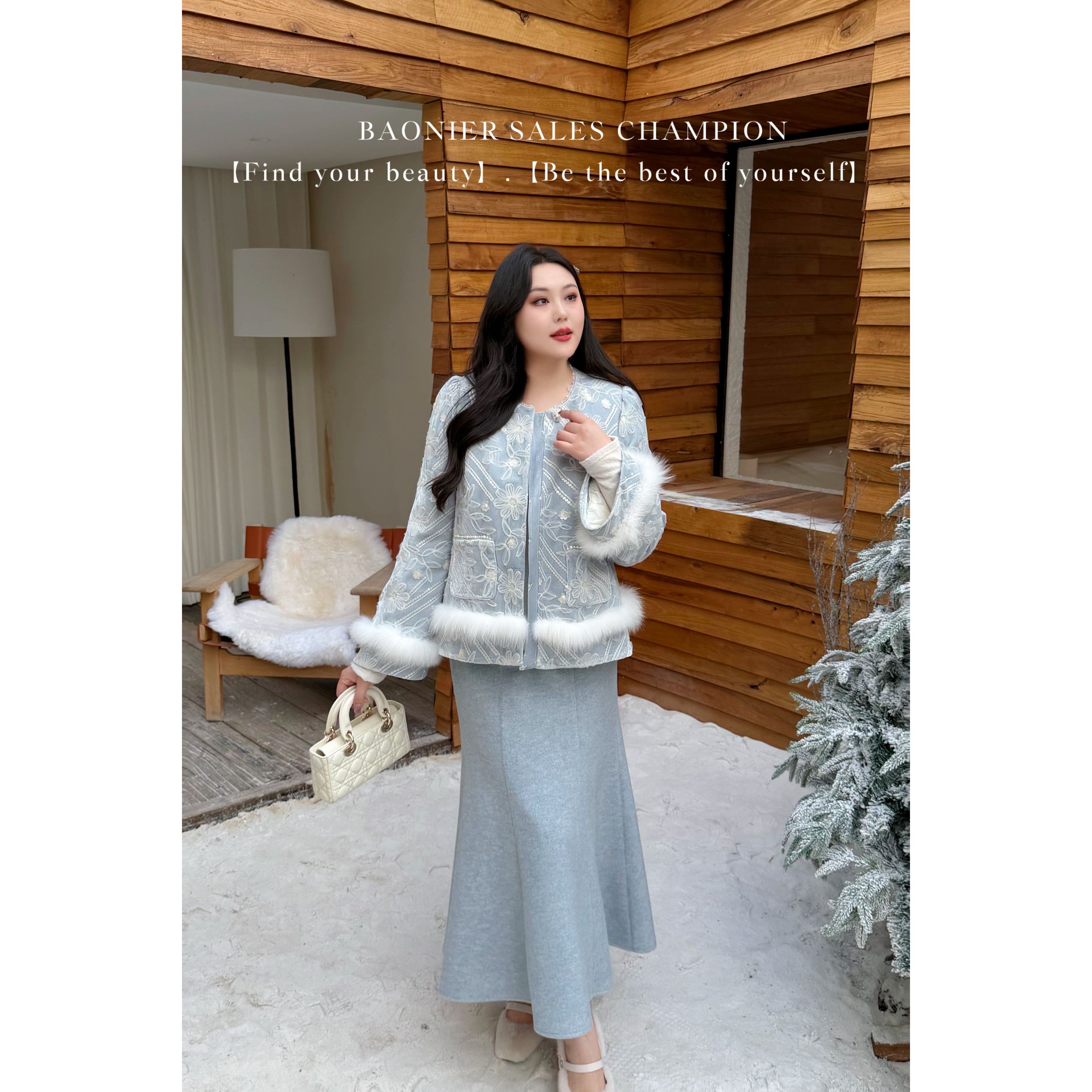 BAONI  2025冬季新款狐狸毛白鸭羽绒外套长裙#U25D6310