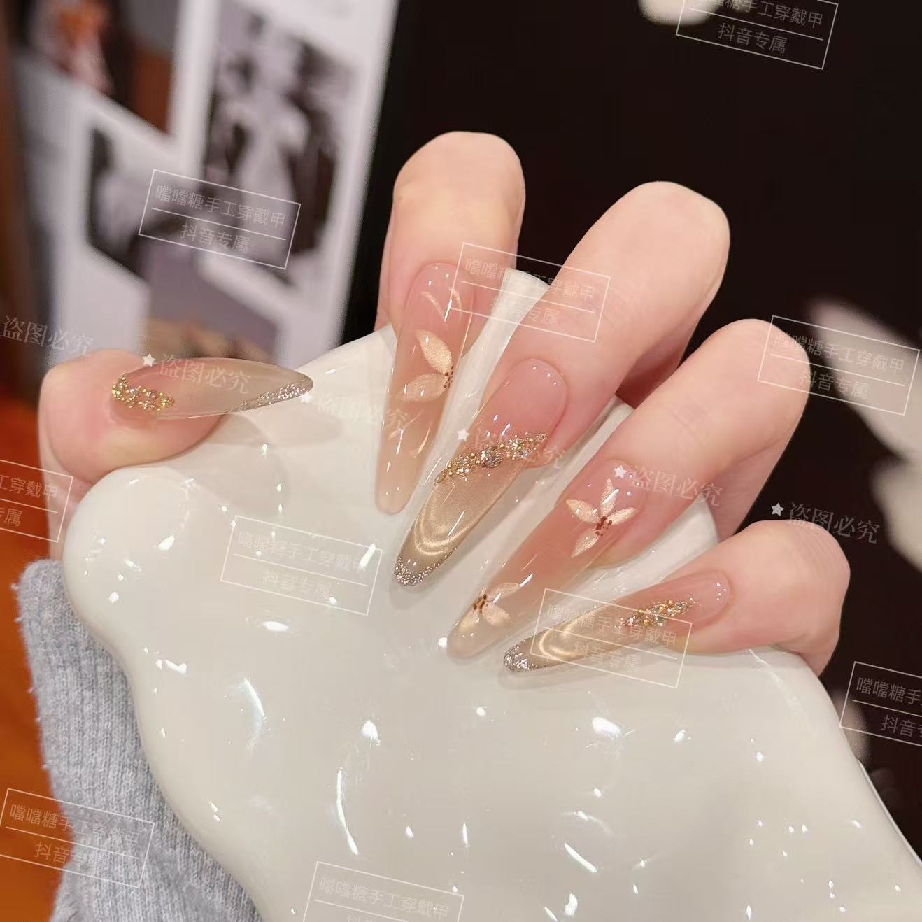 暖釉•浮光 手工穿戴甲手绘花瓣冰透猫眼光疗美甲可拆卸穿戴甲