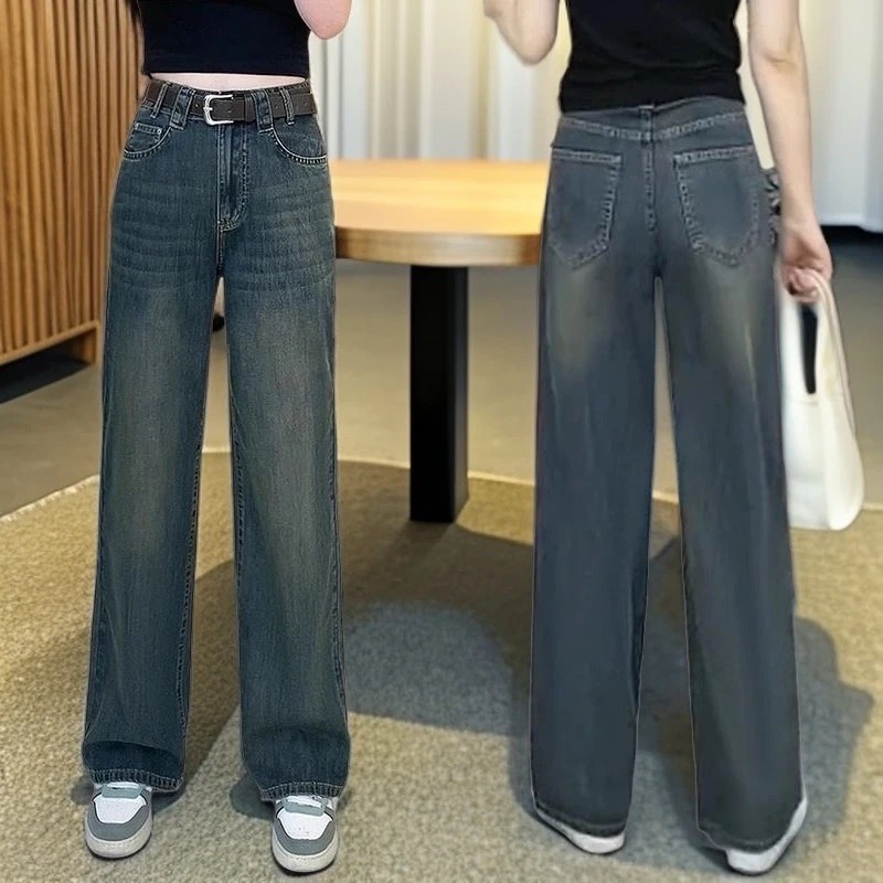 【A95112】高腰直筒裤女窄版秋款显高显瘦水泥灰百搭直筒牛仔