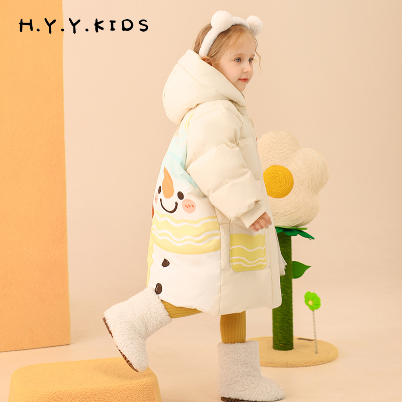 HYYKIDS2025年新款儿童连帽羽绒服小雪人时尚中长款加厚外套