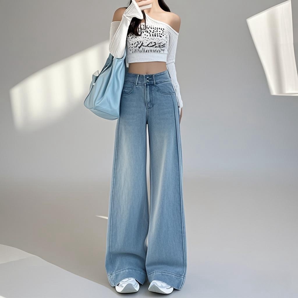 浅蓝阔腿牛仔裤女春秋2025年新款显瘦爆款宽松时尚垂感直筒裤子女