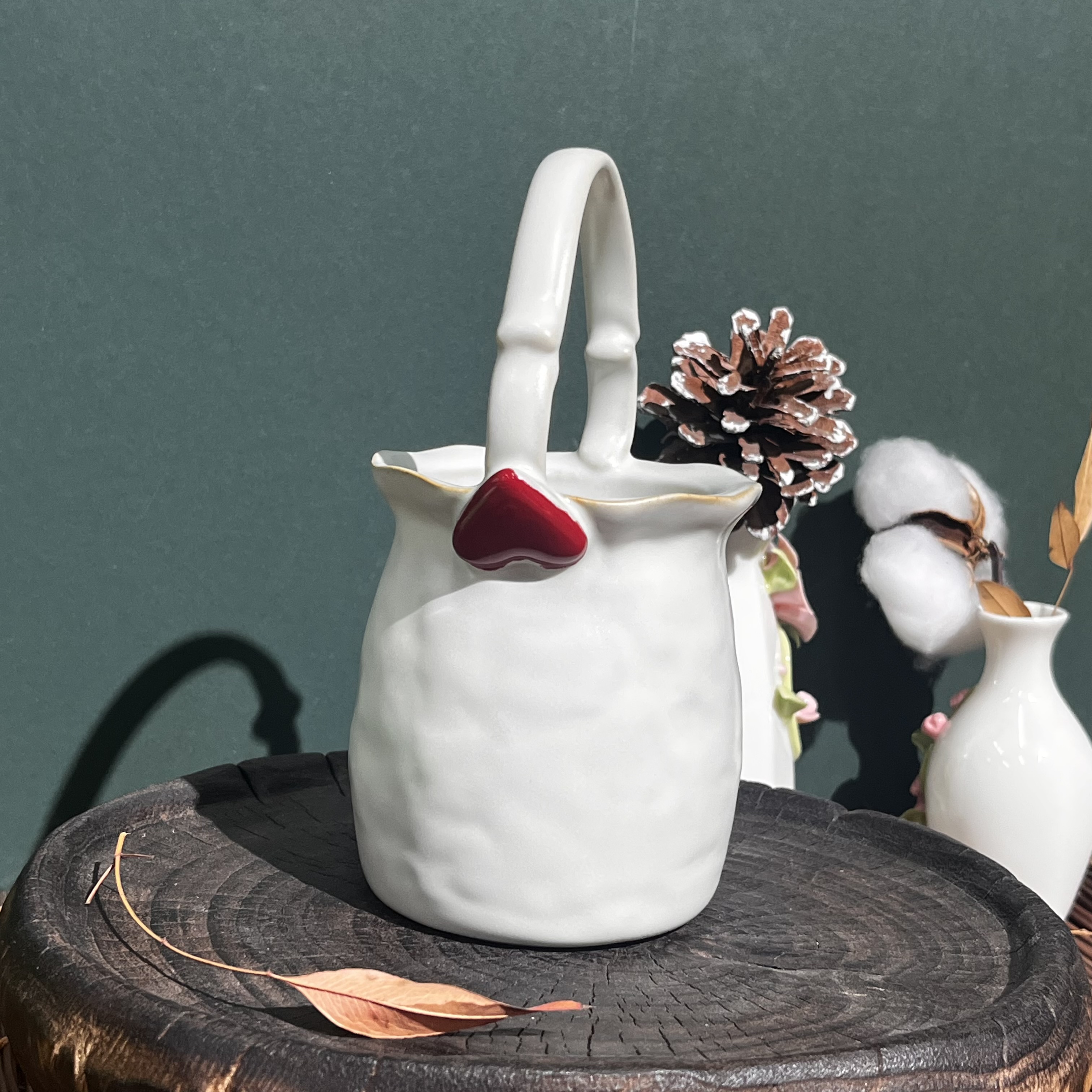 新品 粉引系列 爱心提梁花器