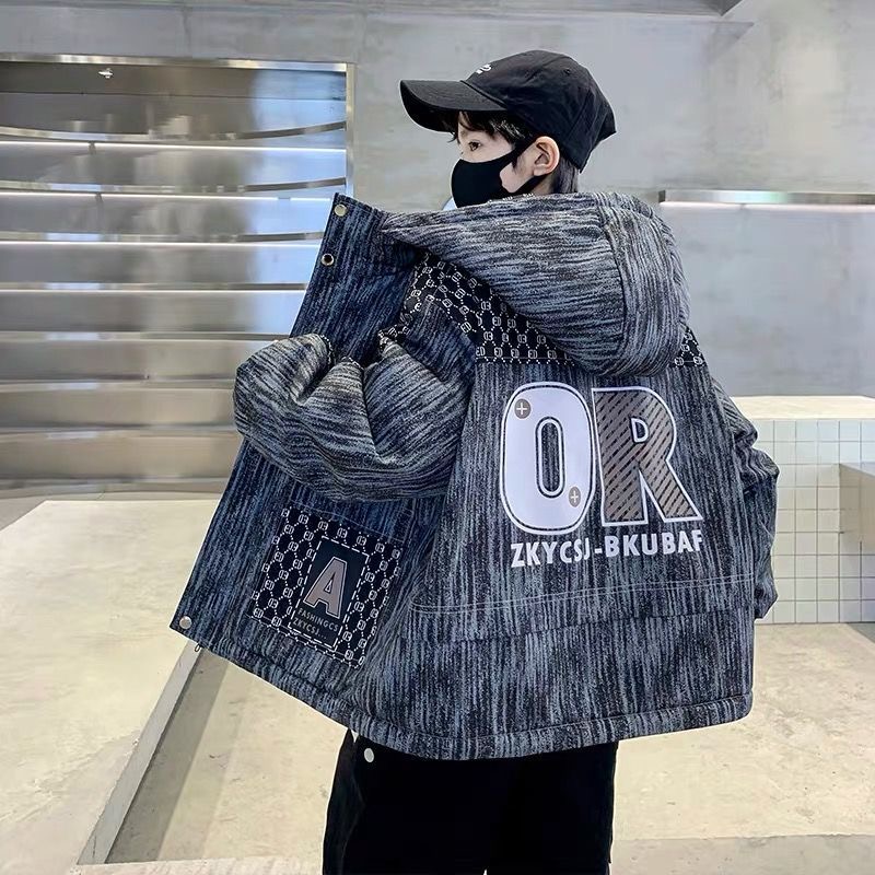 男童加绒外套秋冬款25新款洋气中大童冬季加绒加厚儿童连帽冬装