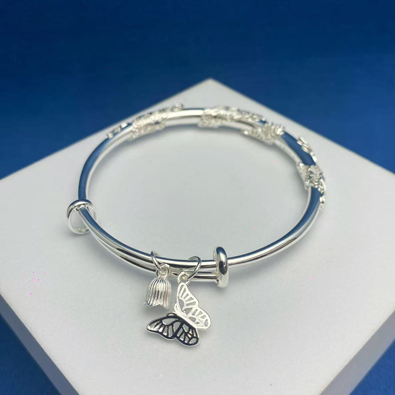 足银手镯 2号 足银999.9 繁花似锦蝴蝶银手镯女款实心足银推拉镯