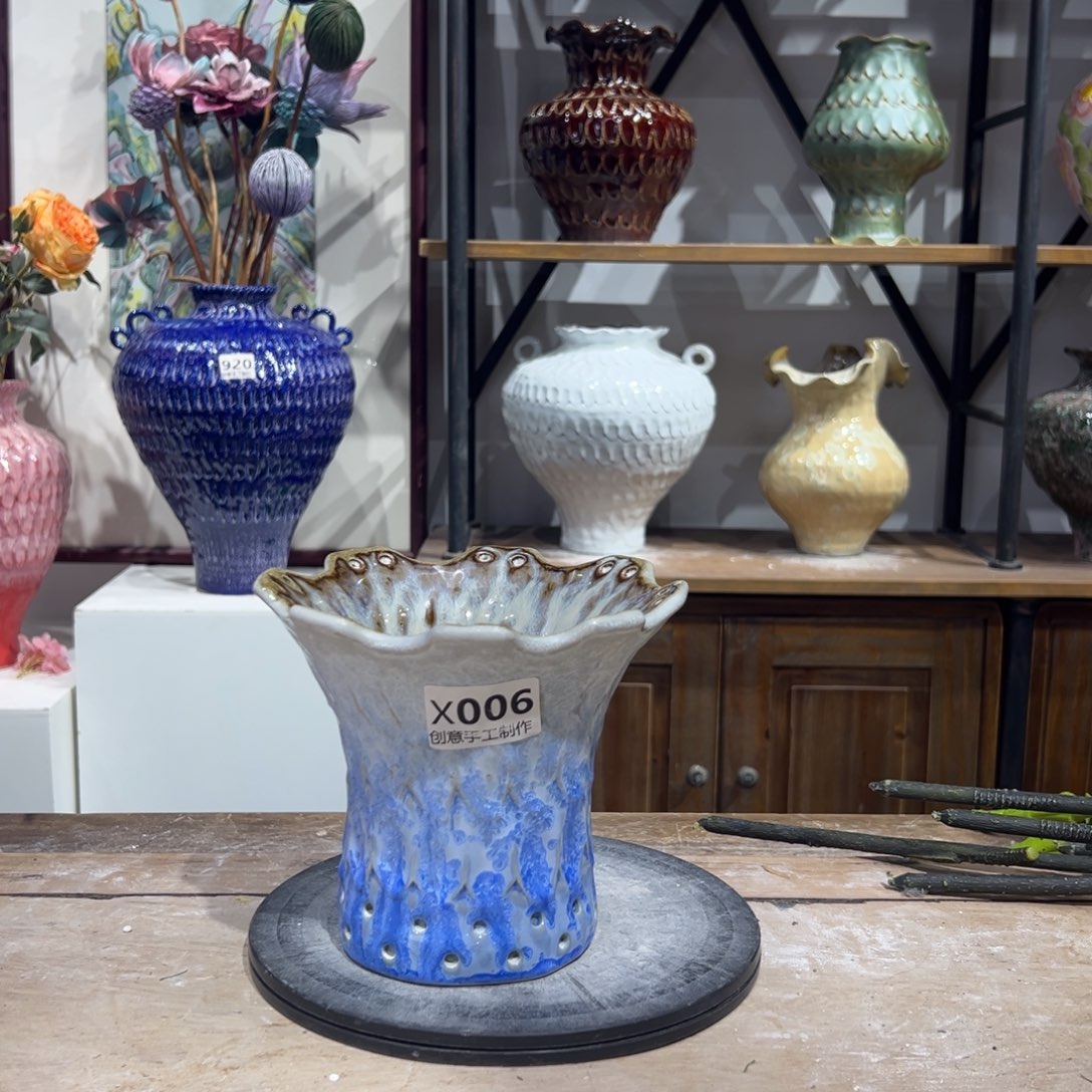 摆件陶瓷花瓶高14口7盘泥微瑕