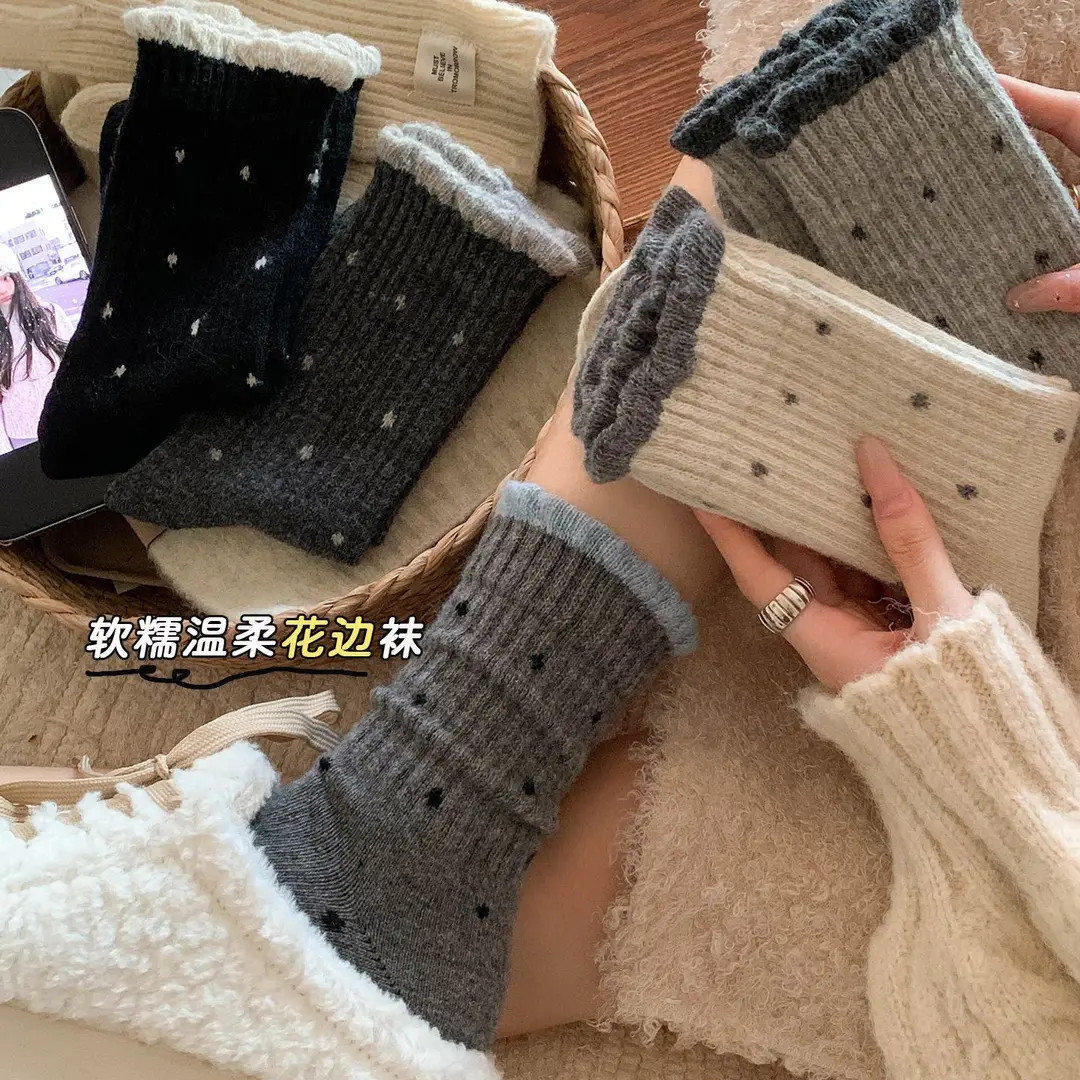 【6双装】秋冬季波点温柔花边百搭袜子女中筒复古千金风韩版宽口袜