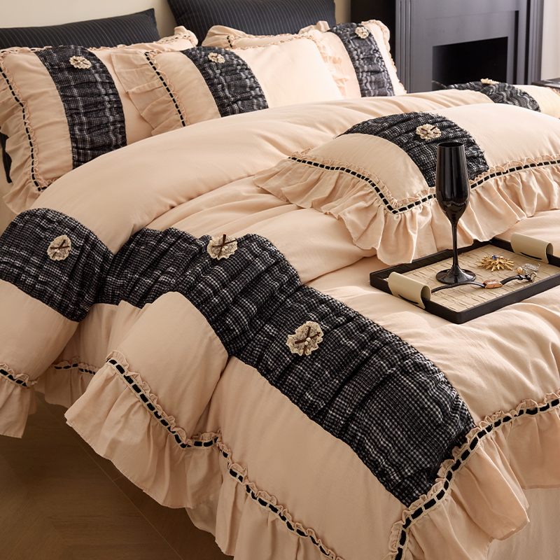 陌颜/法式公主风全棉双层纱四件套韩版褶皱花边裸睡首选床上用品