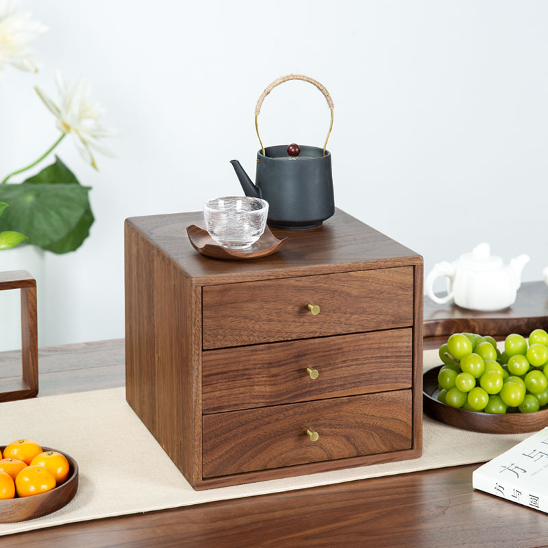 园丰 北美黑胡桃三层大号抽屉柜茶饼柜首饰盒原木榫卯