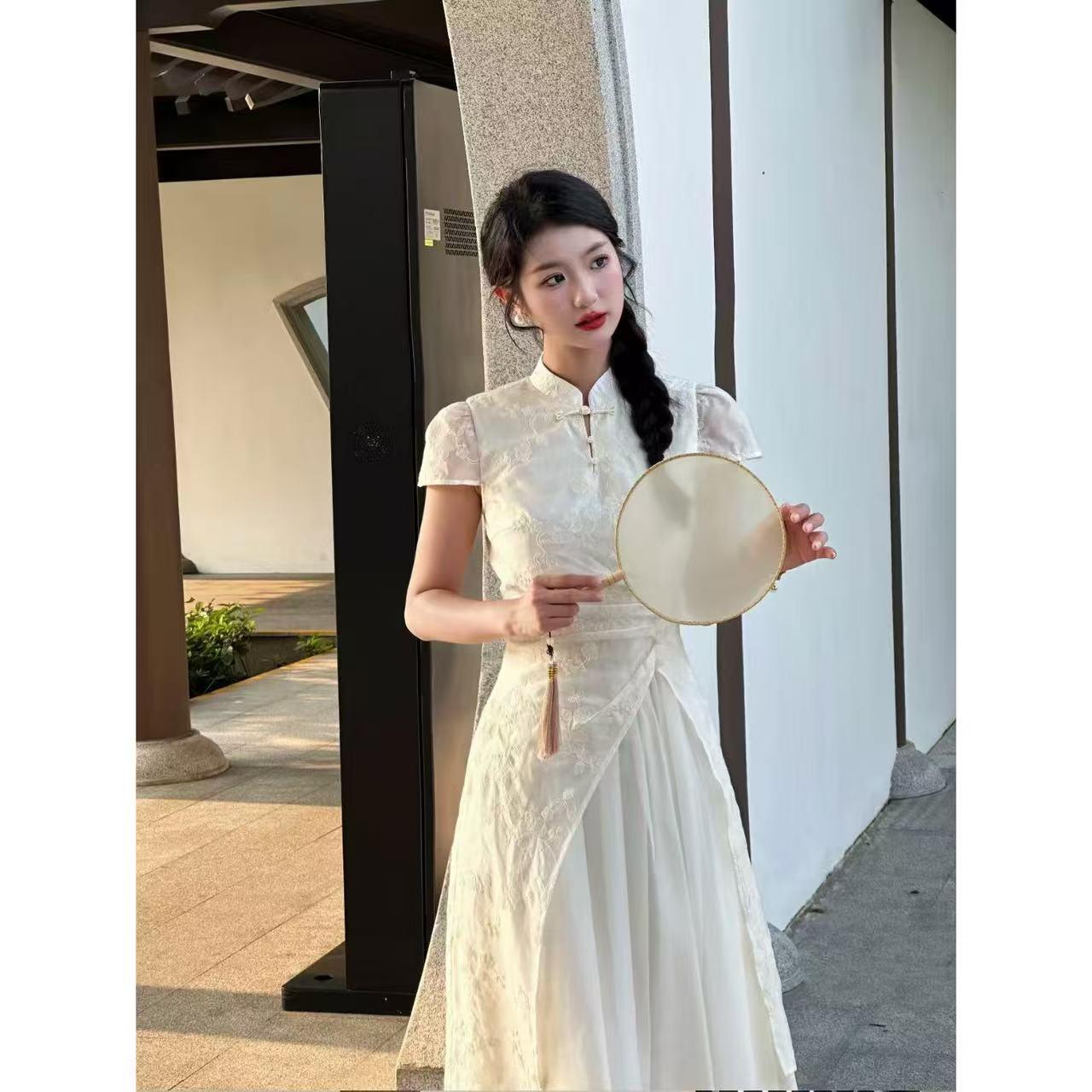 【现货+运费险】新中式高腰长裙夏季半开领连衣裙女白色职场休闲风