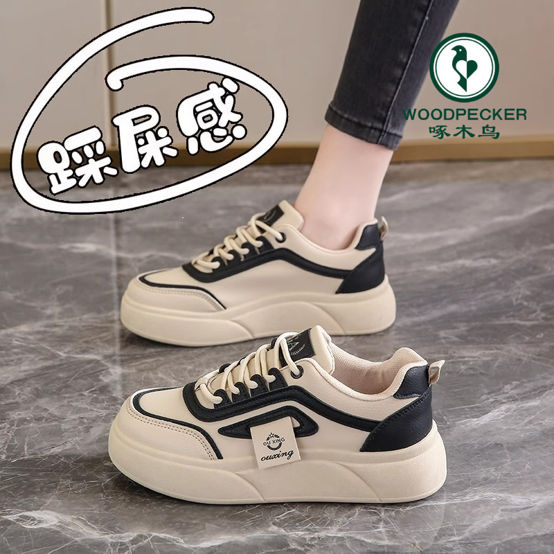 啄木鸟踩屎感平底运动鞋女2025春夏季新款百搭学生厚底网面小白鞋