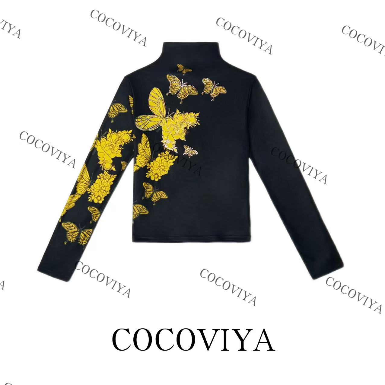 【CC】COCOVIYA鎏金蝶卉雅韵国风德绒长袖T恤时尚内搭上衣26C-1003