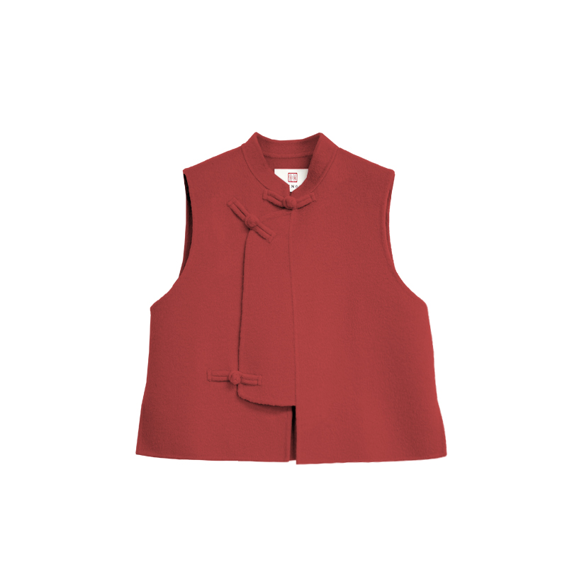 【橙庐】509185原创新中式100绵羊毛呢立领斜襟马甲 秋冬女士中国风